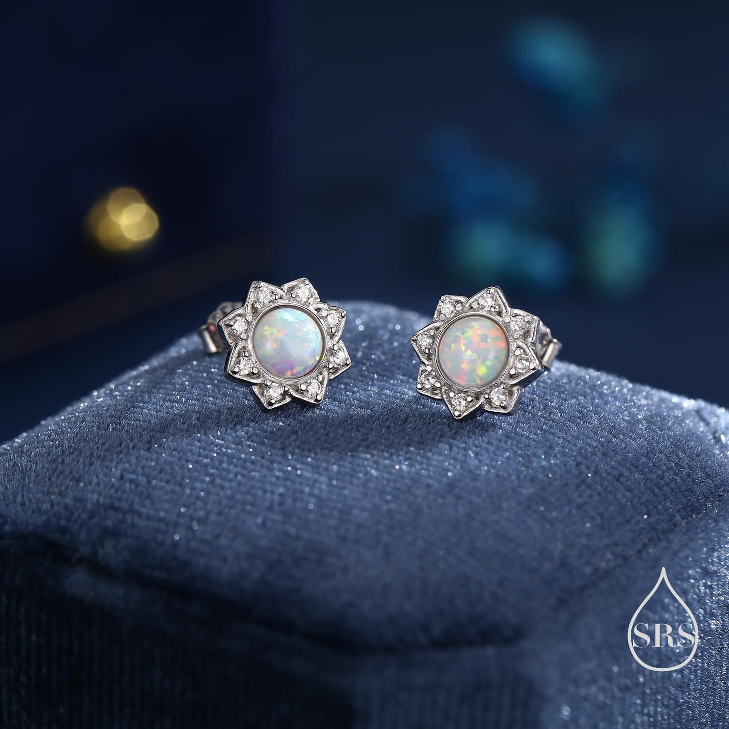 Vintage Inspired White Opal Flower CZ Stud Earrings, Lab Opal Halo CZ Earrings, Fire Opal Earrings, Vintage Style Opal CZ Earrings