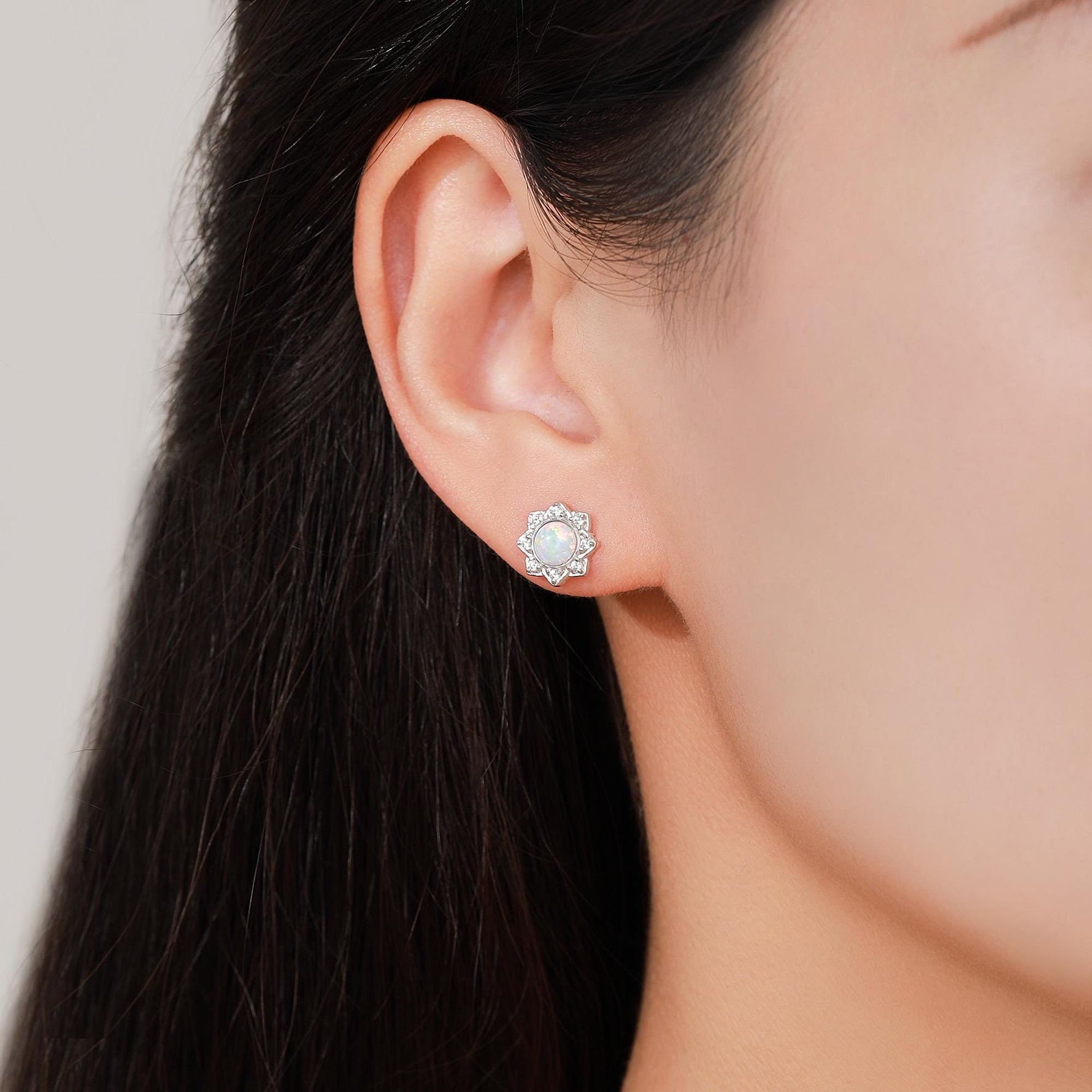 Vintage Inspired White Opal Flower CZ Stud Earrings, Lab Opal Halo CZ Earrings, Fire Opal Earrings, Vintage Style Opal CZ Earrings