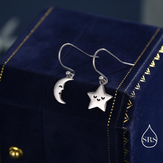 Extra Tiny Kawaii Star and Moon Dangle Drop Hook Earrings in Sterling Silver, Silver, Gold or Rose Gold, Tiny Star Dangle Earrings