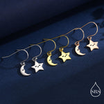 Extra Tiny Kawaii Star and Moon Dangle Drop Hook Earrings in Sterling Silver, Silver, Gold or Rose Gold, Tiny Star Dangle Earrings