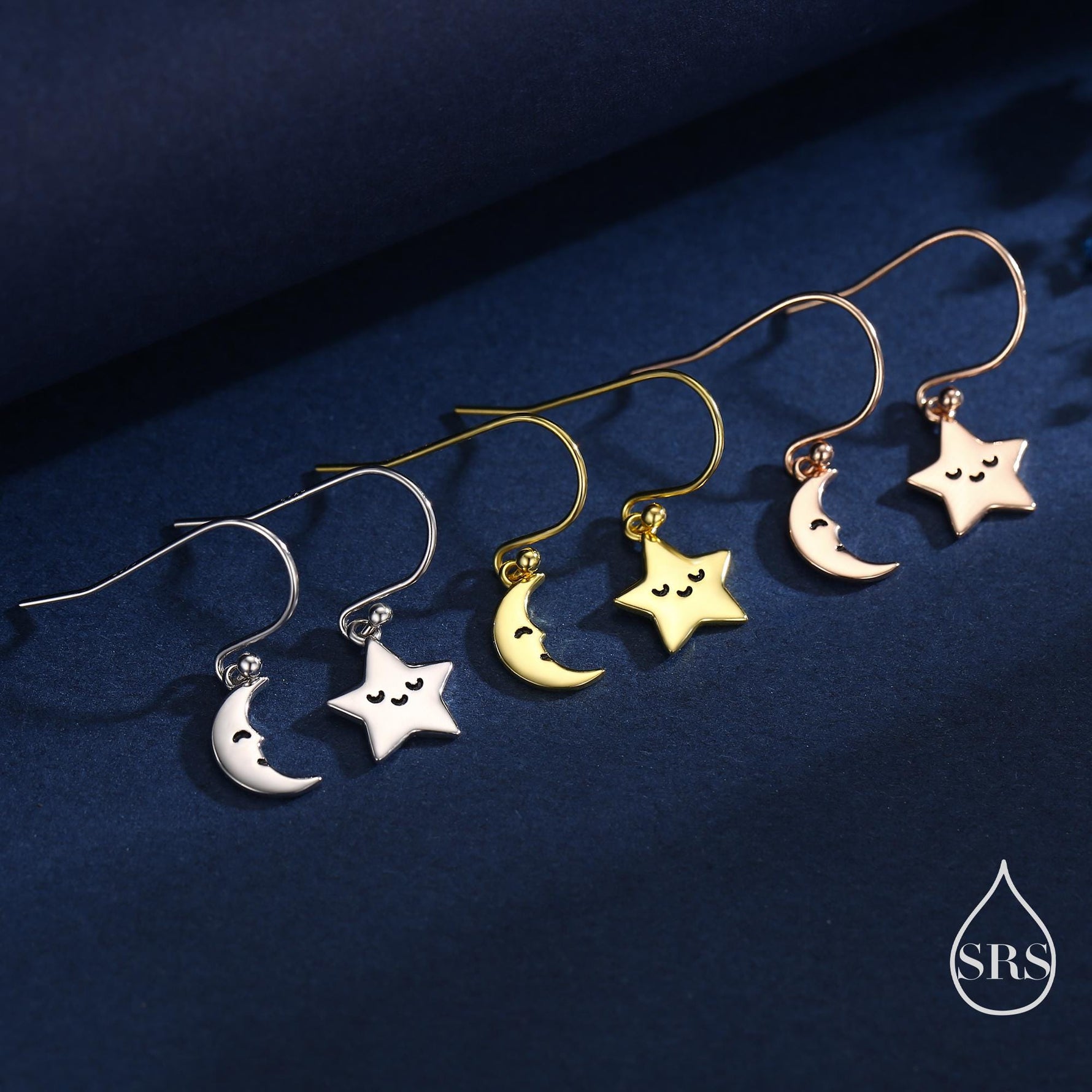 Extra Tiny Kawaii Star and Moon Dangle Drop Hook Earrings in Sterling Silver, Silver, Gold or Rose Gold, Tiny Star Dangle Earrings