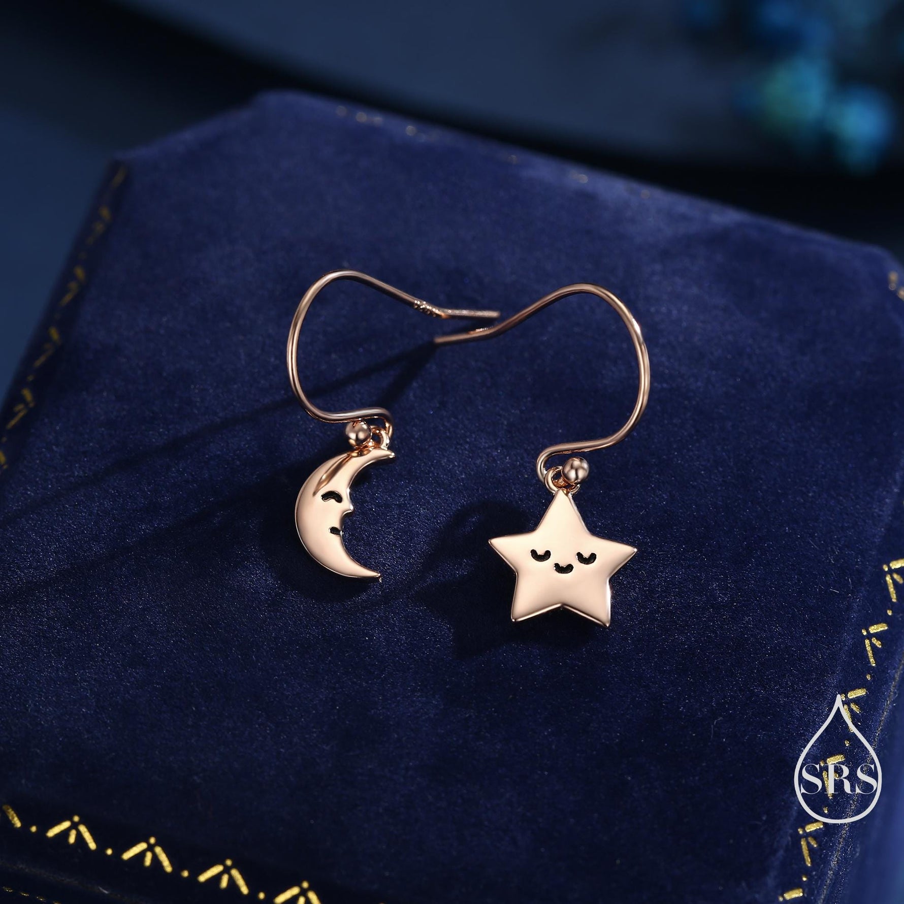 Extra Tiny Kawaii Star and Moon Dangle Drop Hook Earrings in Sterling Silver, Silver, Gold or Rose Gold, Tiny Star Dangle Earrings