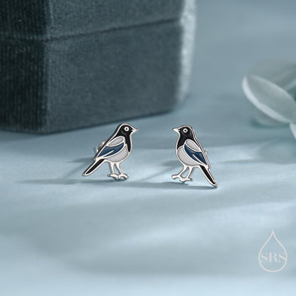 Sterling Silver Magpie Bird Stud Earrings with Enamel, Magpie Bird Earrings, Nature Inspired Animal Earrings, Magpie Stud