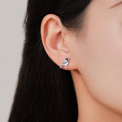 Sterling Silver Magpie Bird Stud Earrings with Enamel, Magpie Bird Earrings, Nature Inspired Animal Earrings, Magpie Stud