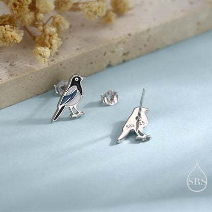 Sterling Silver Magpie Bird Stud Earrings with Enamel, Magpie Bird Earrings, Nature Inspired Animal Earrings, Magpie Stud