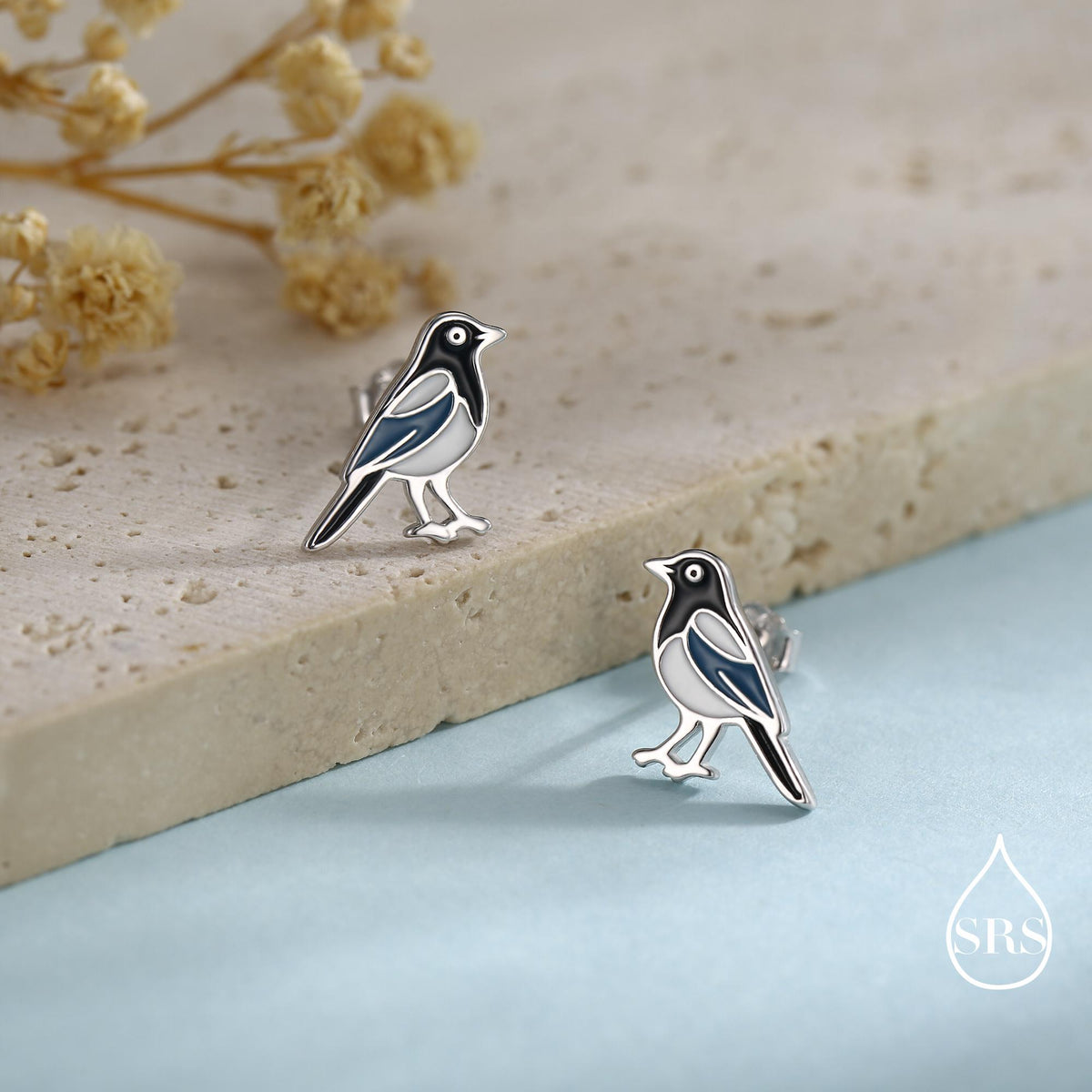 Sterling Silver Magpie Bird Stud Earrings with Enamel, Magpie Bird Earrings, Nature Inspired Animal Earrings, Magpie Stud