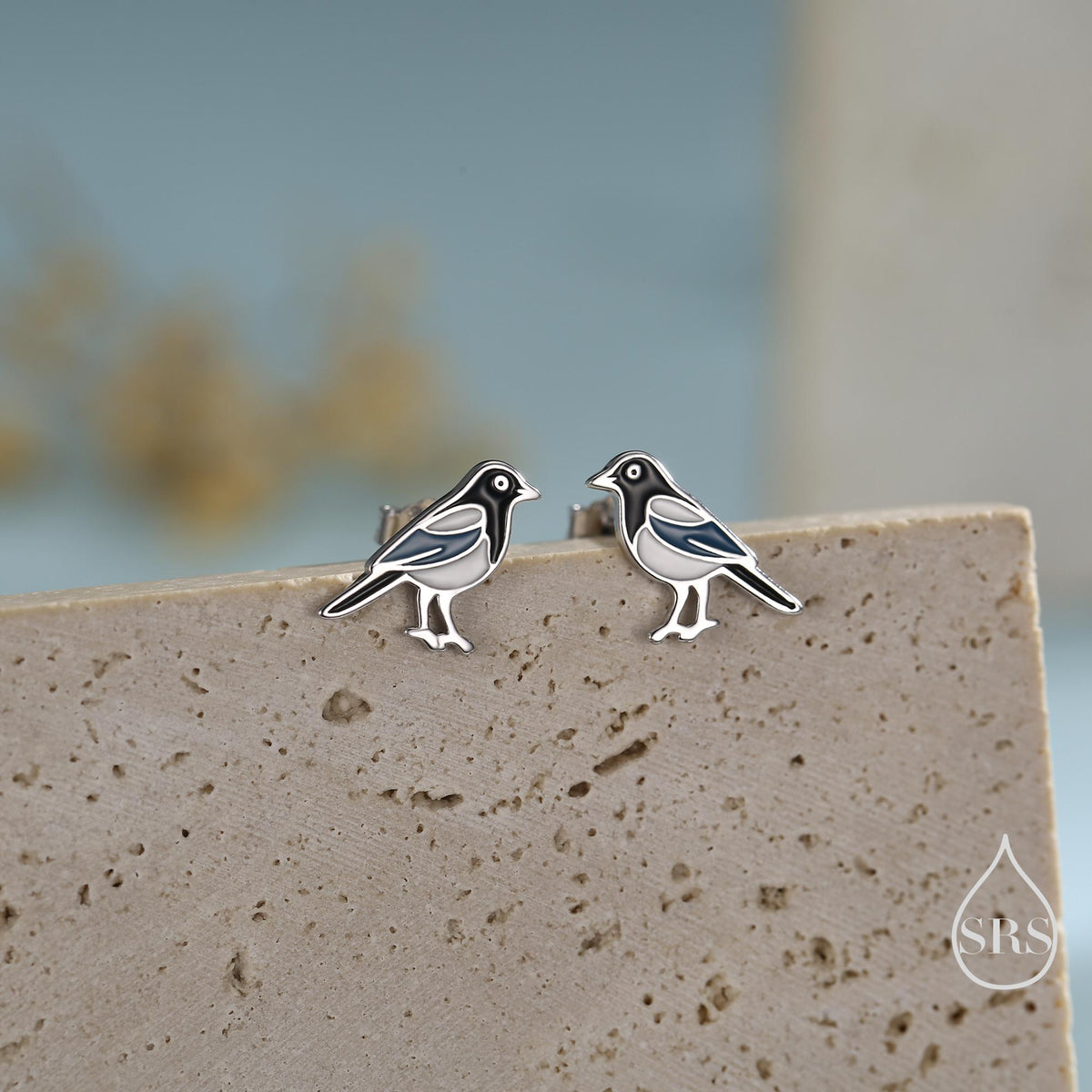 Sterling Silver Magpie Bird Stud Earrings with Enamel, Magpie Bird Earrings, Nature Inspired Animal Earrings, Magpie Stud