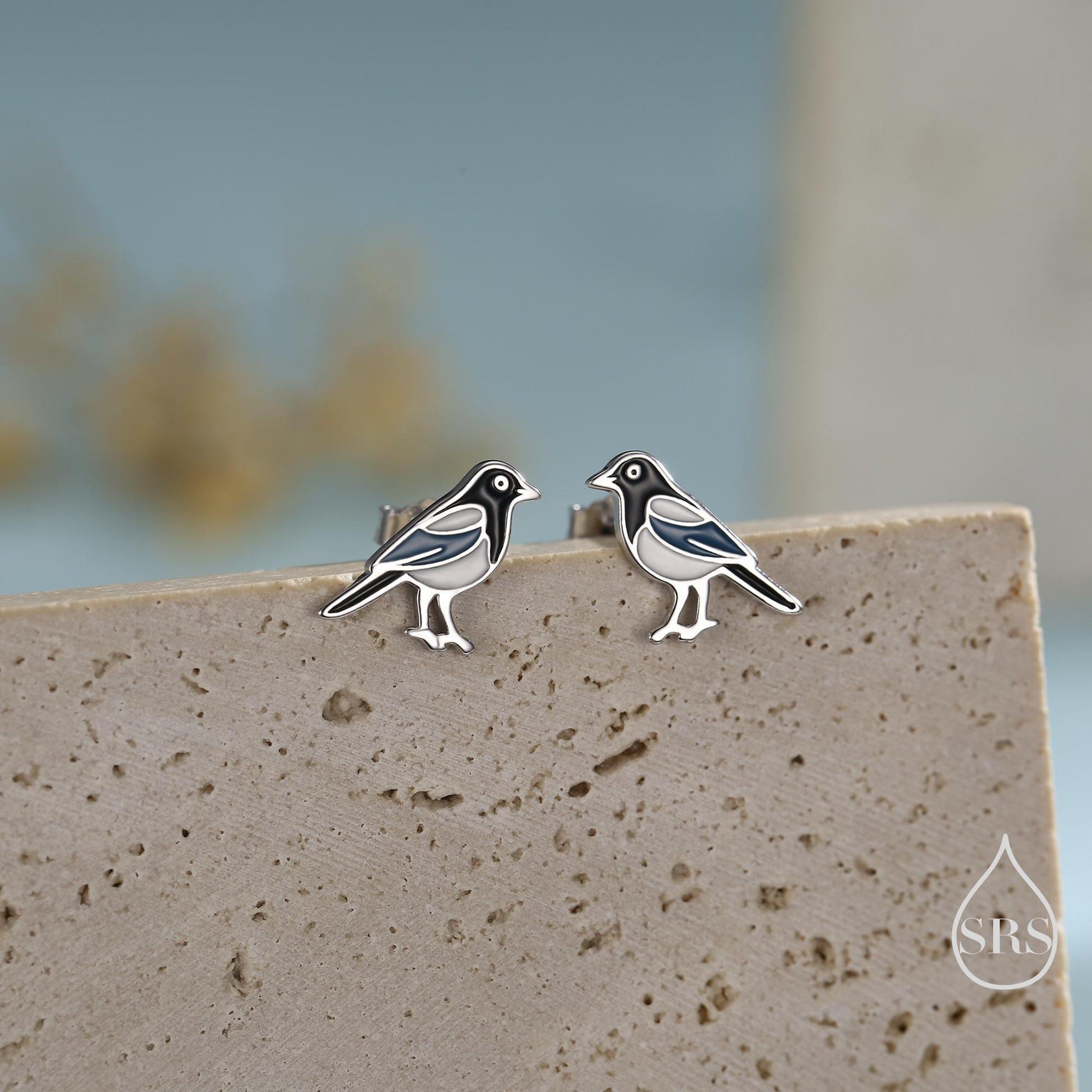 Sterling Silver Magpie Bird Stud Earrings with Enamel, Magpie Bird Earrings, Nature Inspired Animal Earrings, Magpie Stud