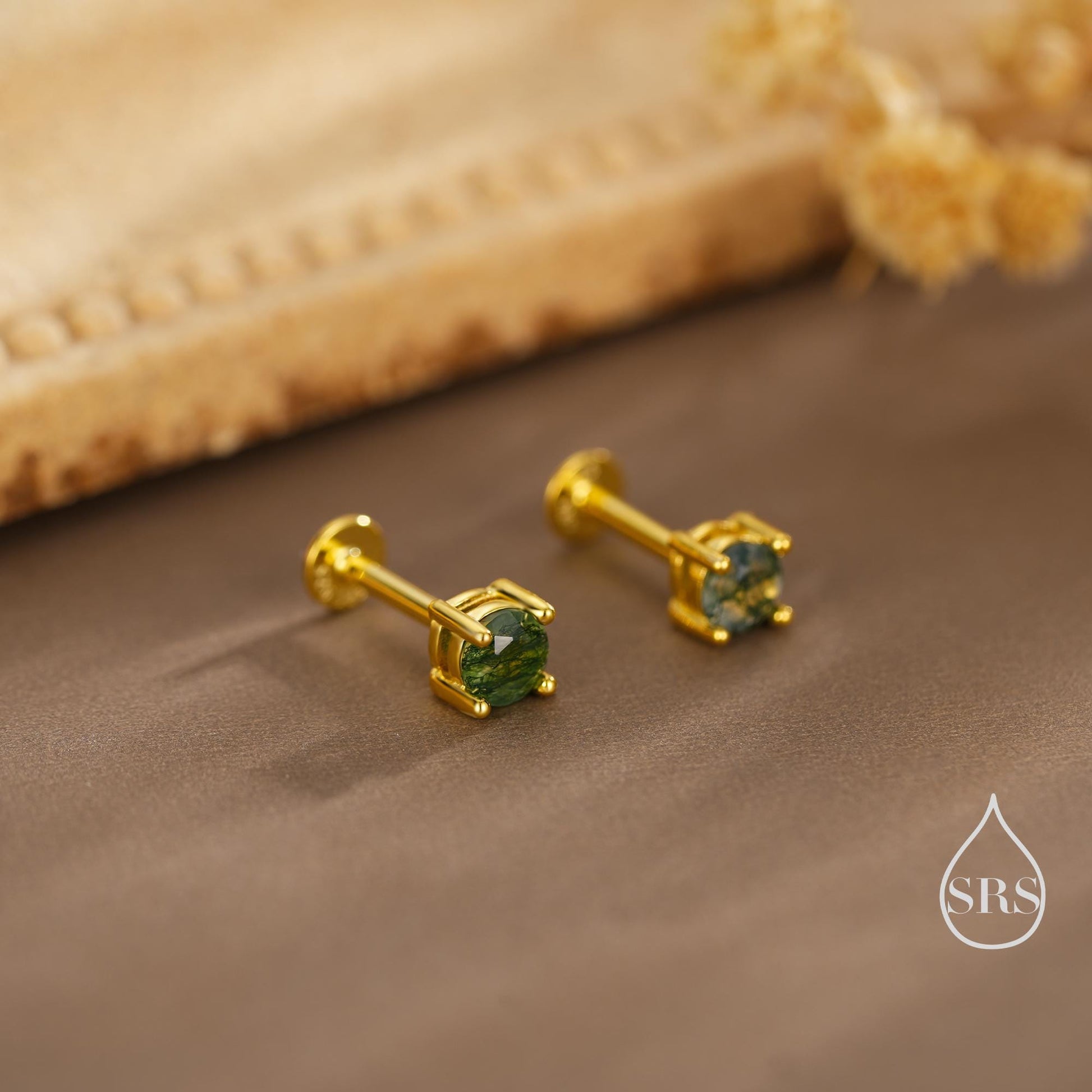 Natural Moss Agate Internally Threaded Flat Back Earrings in Sterling Silver, 4mm 5mm and 6mm, Genuine Moss Agate Gemstone Stud