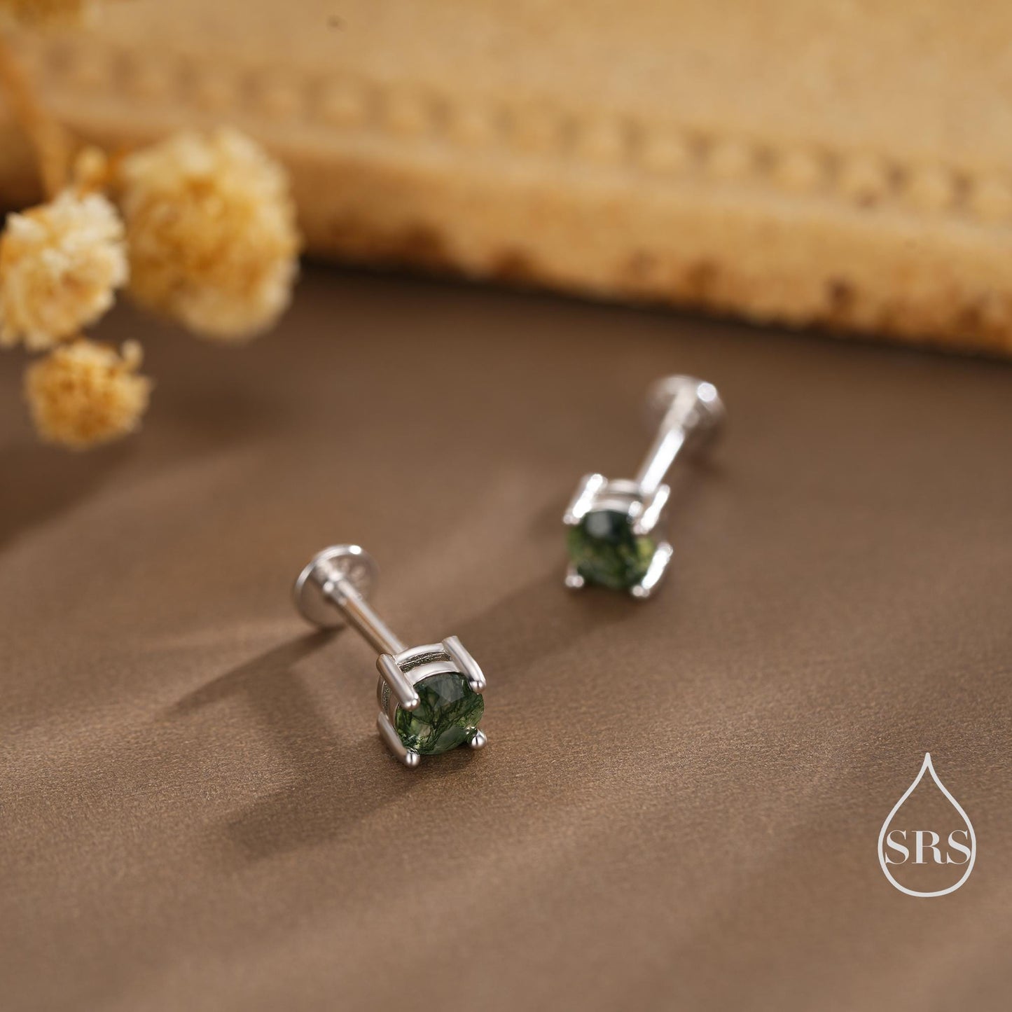 Natural Moss Agate Internally Threaded Flat Back Earrings in Sterling Silver, 4mm 5mm and 6mm, Genuine Moss Agate Gemstone Stud