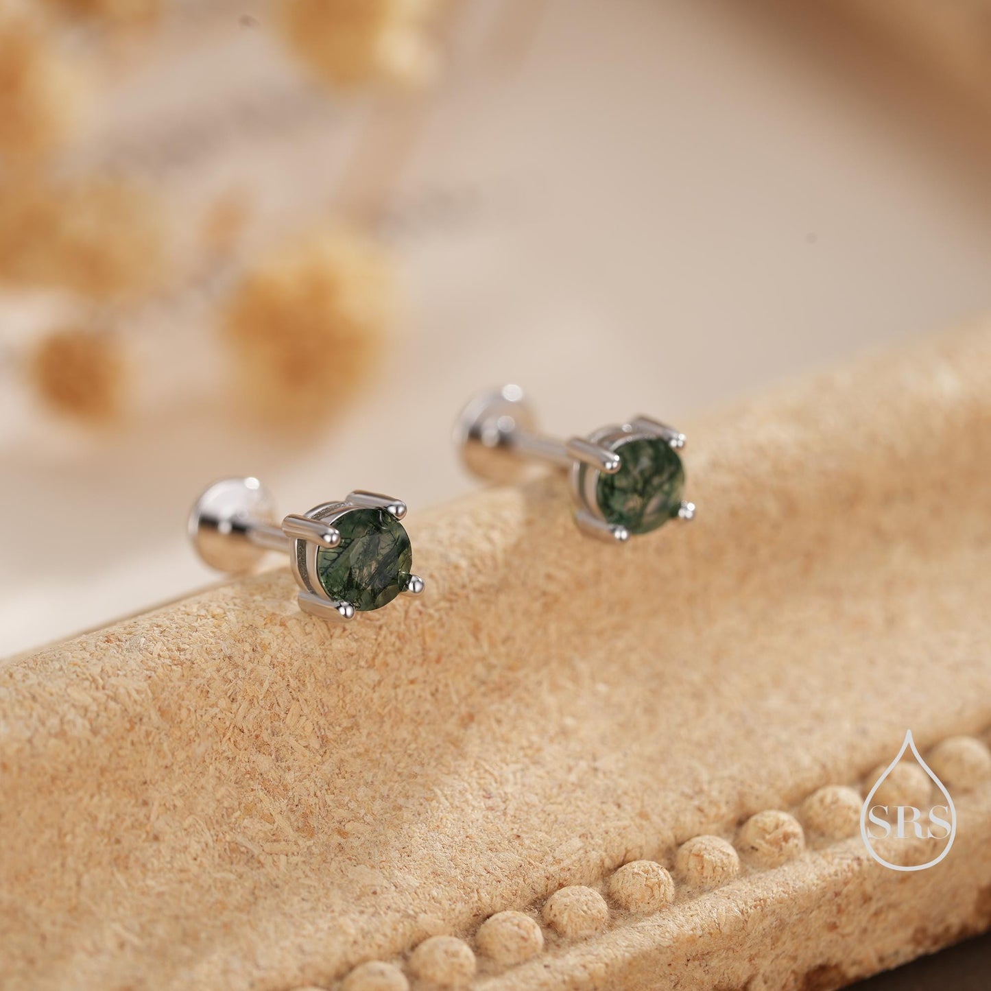 Natural Moss Agate Internally Threaded Flat Back Earrings in Sterling Silver, 4mm 5mm and 6mm, Genuine Moss Agate Gemstone Stud