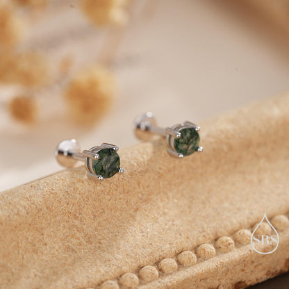 Natural Moss Agate Internally Threaded Flat Back Earrings in Sterling Silver, 4mm 5mm and 6mm, Genuine Moss Agate Gemstone Stud