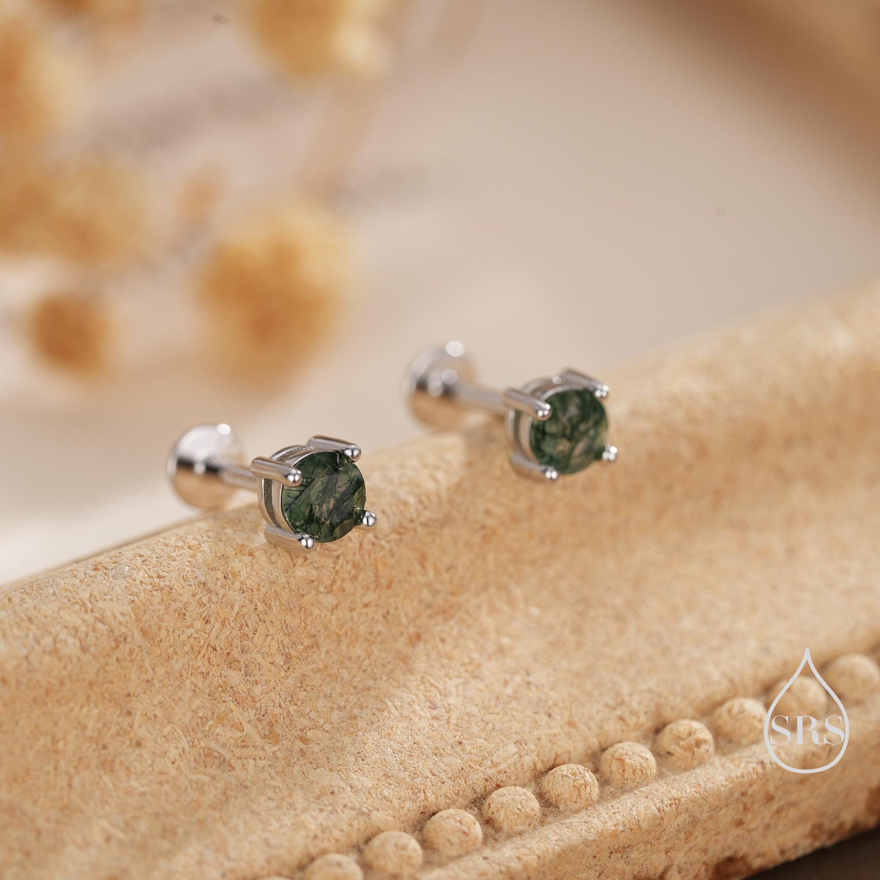 Natural Moss Agate Internally Threaded Flat Back Earrings in Sterling Silver, 4mm 5mm and 6mm, Genuine Moss Agate Gemstone Stud