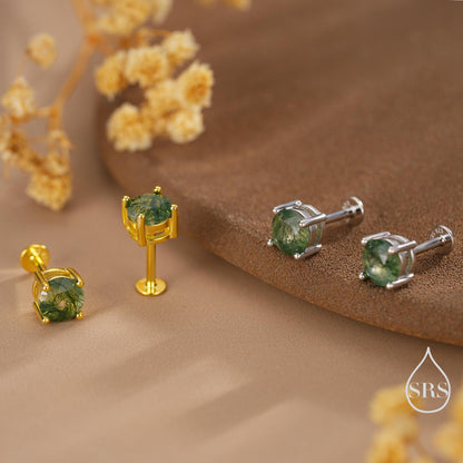 Natural Moss Agate Internally Threaded Flat Back Earrings in Sterling Silver, 4mm 5mm and 6mm, Genuine Moss Agate Gemstone Stud