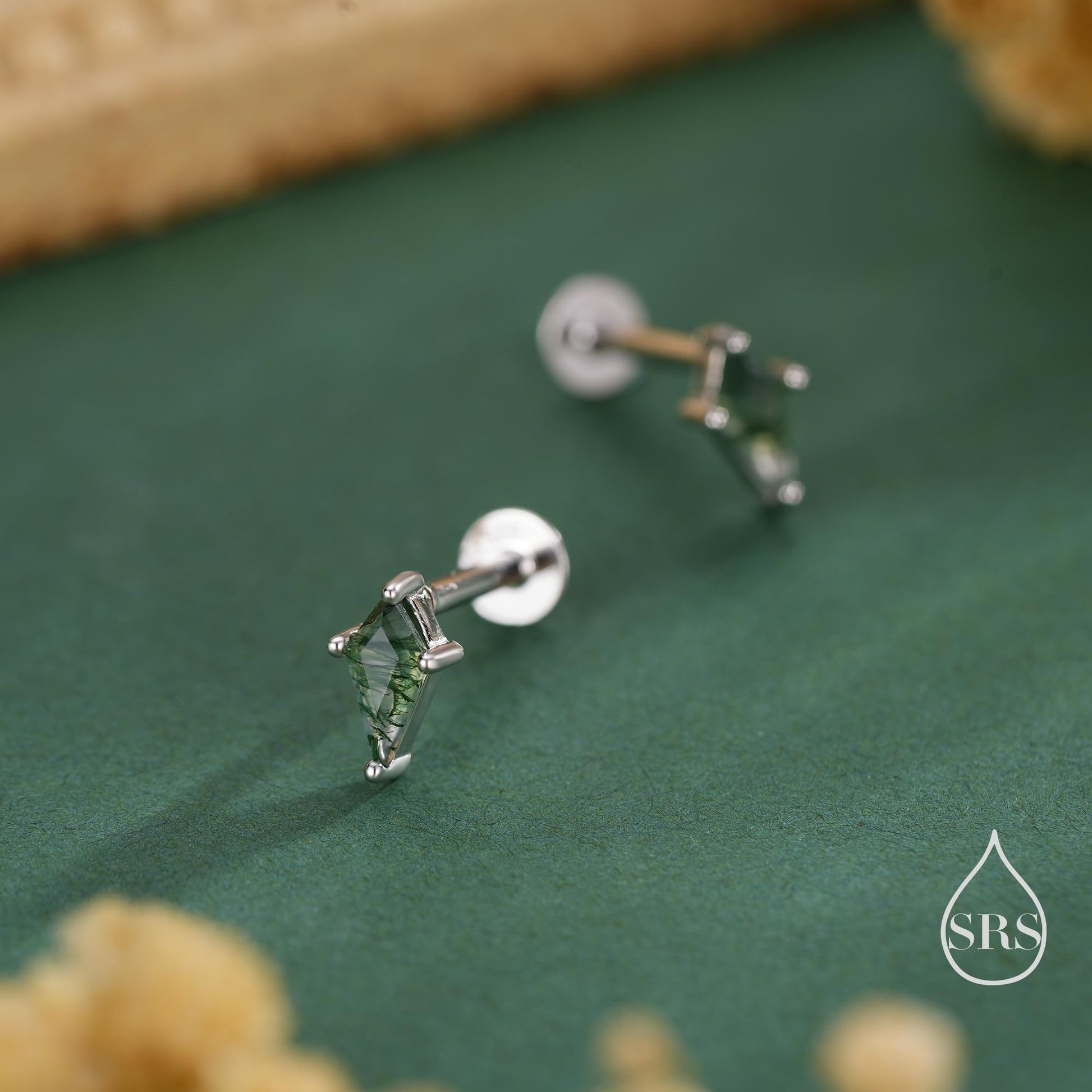 Natural Kite Cut Moss Agate Internally Threaded Flat Back Earrings in Sterling Silver, Rhombus Shape Genuine Moss Agate Gemstone Stud