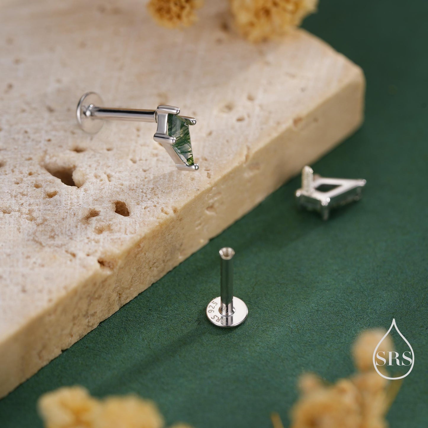 Natural Kite Cut Moss Agate Internally Threaded Flat Back Earrings in Sterling Silver, Rhombus Shape Genuine Moss Agate Gemstone Stud