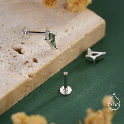 Natural Kite Cut Moss Agate Internally Threaded Flat Back Earrings in Sterling Silver, Rhombus Shape Genuine Moss Agate Gemstone Stud
