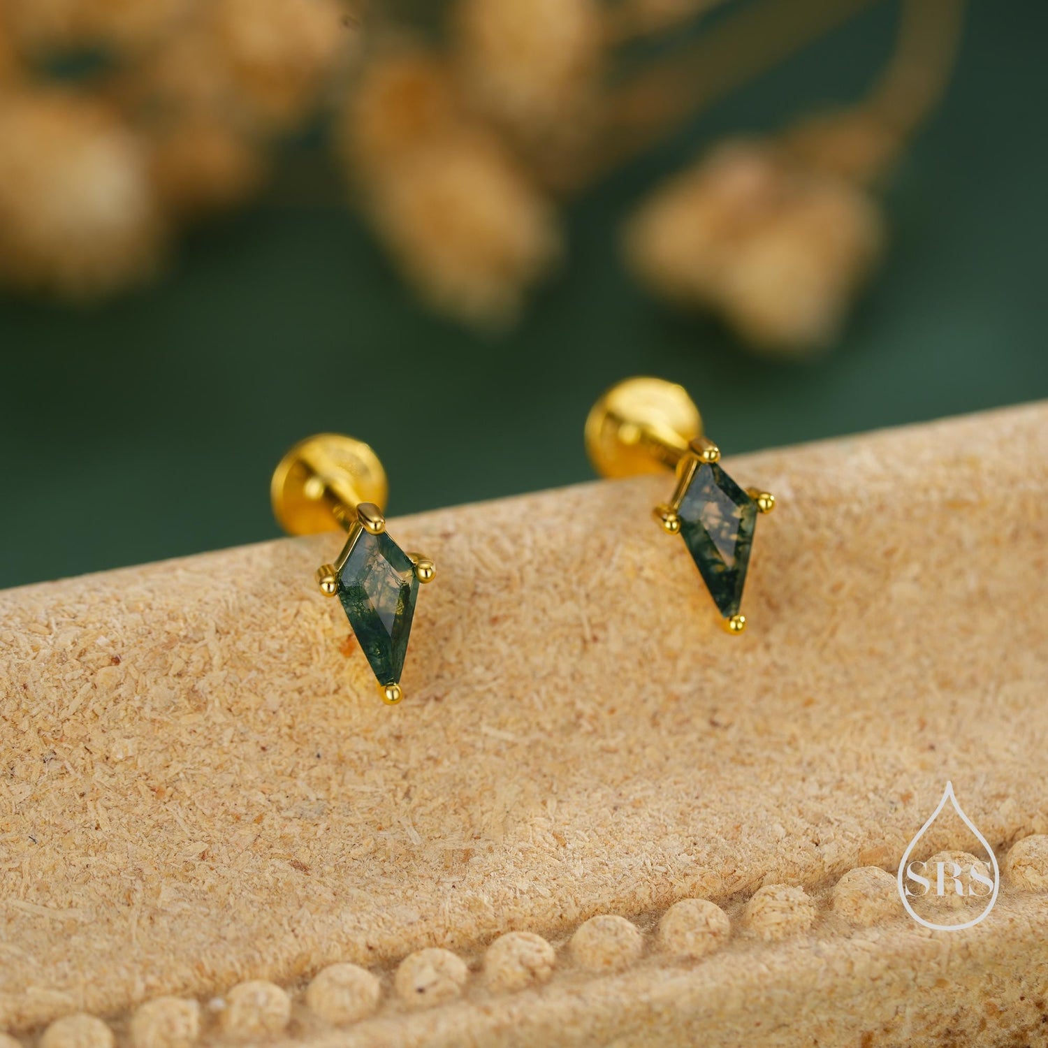 Natural Kite Cut Moss Agate Internally Threaded Flat Back Earrings in Sterling Silver, Rhombus Shape Genuine Moss Agate Gemstone Stud