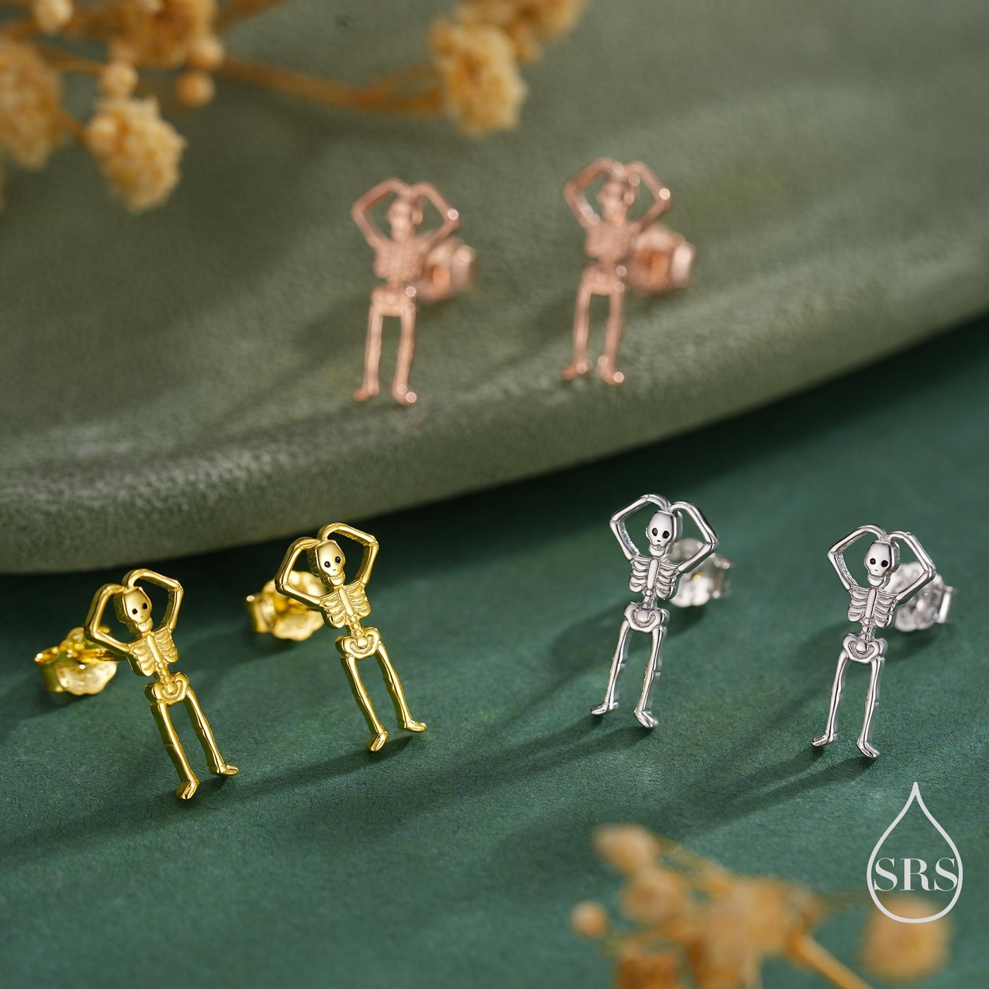 Sterling Silver Skeleton Stud Earrings - Heart Over Head Pose – Silver, Gold, or Rose Gold Finish, Quirky Gothic Jewellery, Halloween Theme