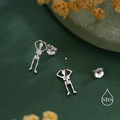 Sterling Silver Skeleton Stud Earrings - Heart Over Head Pose – Silver, Gold, or Rose Gold Finish, Quirky Gothic Jewellery, Halloween Theme