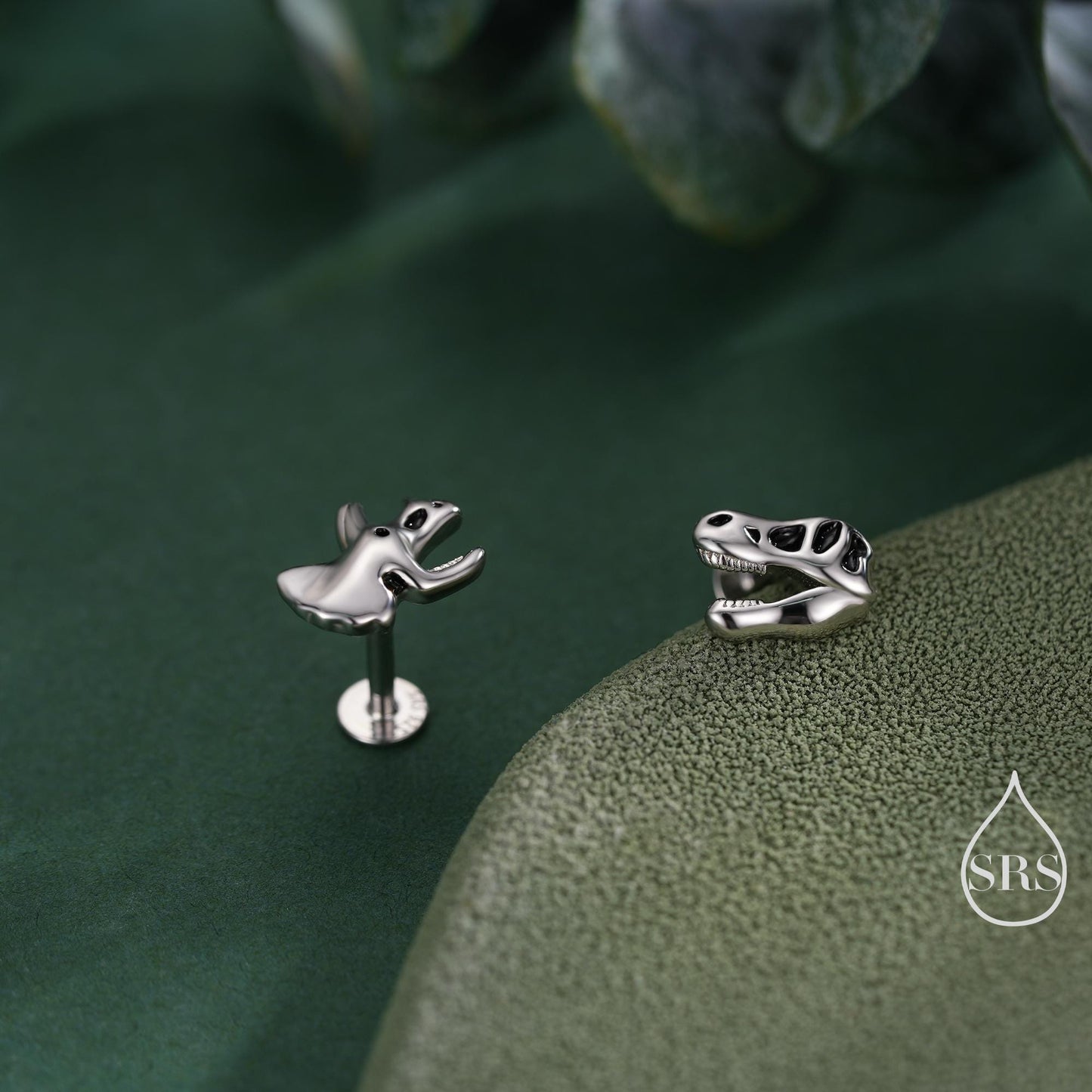 Internally Threaded Mismatched Dinosaur Fossil Flat Back/ Screw Back / Stud Earrings in Sterling Silver, Asymmetric Dinosaur Earrings