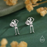 Sterling Silver Skeleton Stud Earrings - Heart Over Head Pose – Silver, Gold, or Rose Gold Finish, Quirky Gothic Jewellery, Halloween Theme