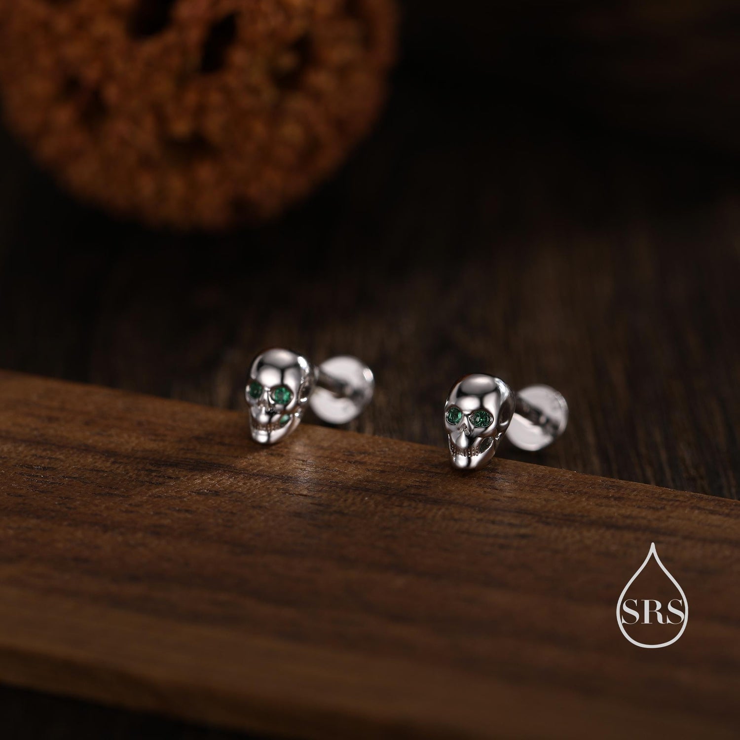 Extra Tiny Skull Internally Threaded Flat Back/Stud/Screw Back Earrings in Sterling Silver with Emerald Green CZ - Gold or Silver, Petite