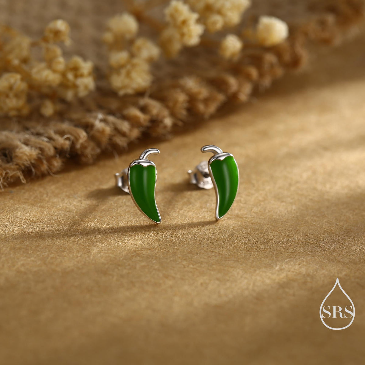 Enamel Chilli Pepper Stud Earrings in Sterling Silver, Green Chilli or Red Chilli Earrings, Chilli Pepper Earrings