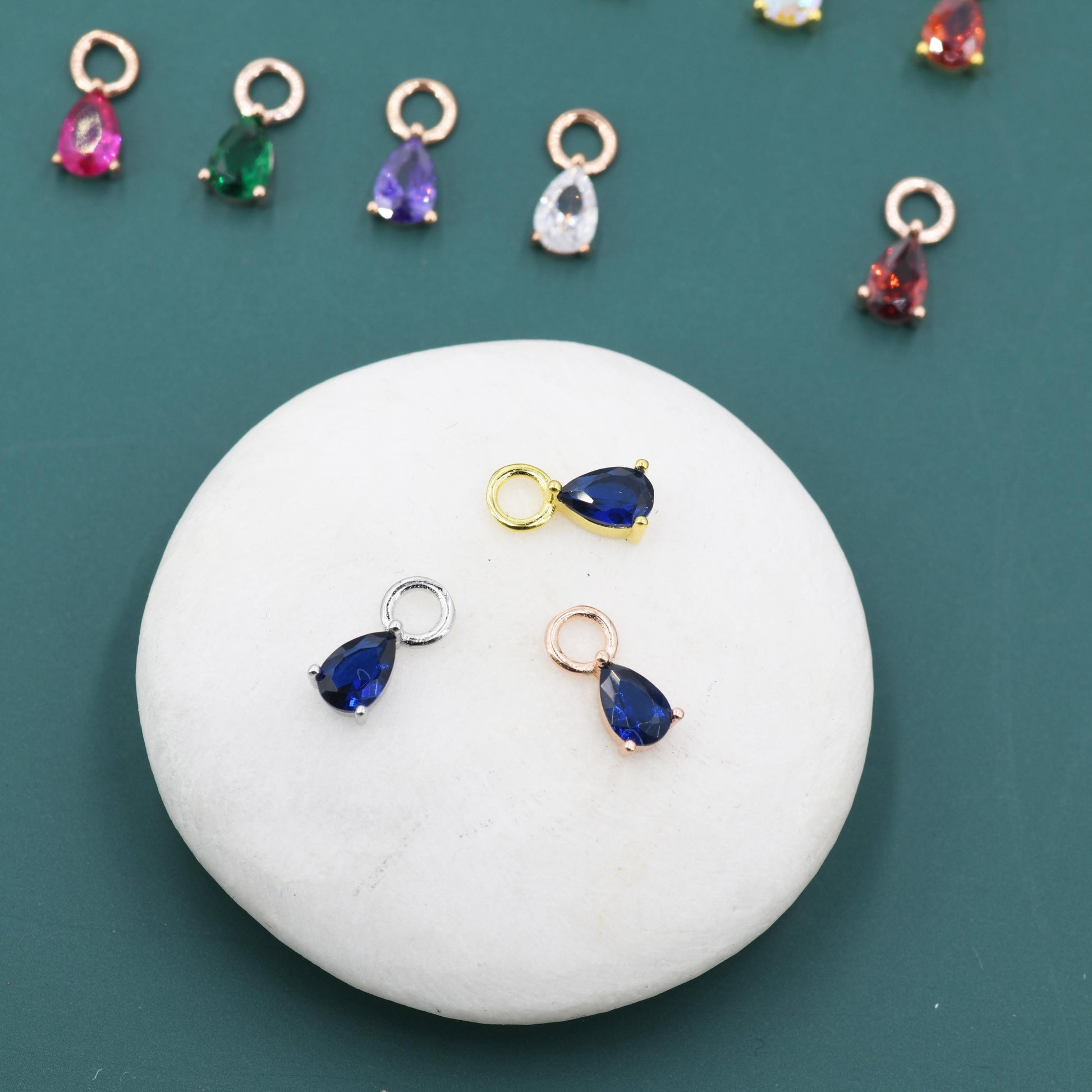 CZ Droplet Charms for Huggie Hoops, Sterling Silver, Gold, or Rose Gold, Pear Shaped, Detachable Earrings Charms