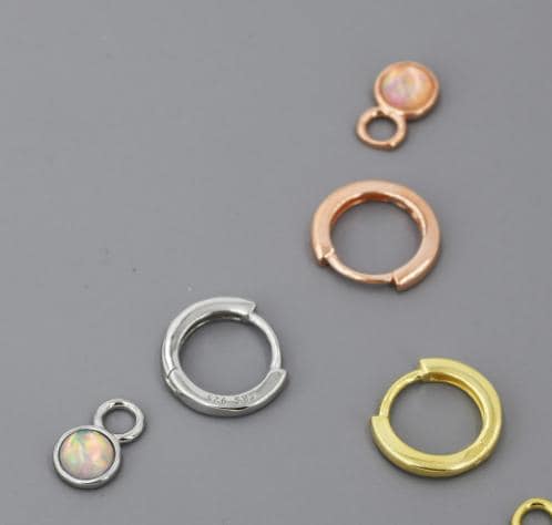 Opal Charms for Huggie Hoops, Sterling Silver Round Circle Opal Charms for Earrings, Detachable, Silver or Gold