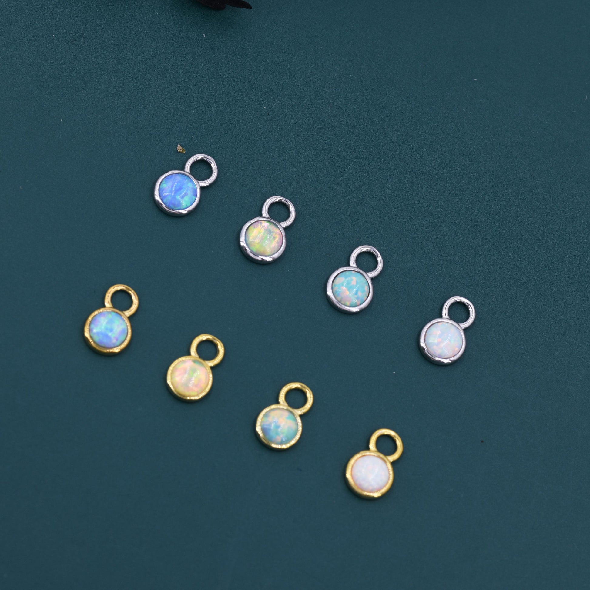 Opal Charms for Huggie Hoops, Sterling Silver Round Circle Opal Charms for Earrings, Detachable, Silver or Gold