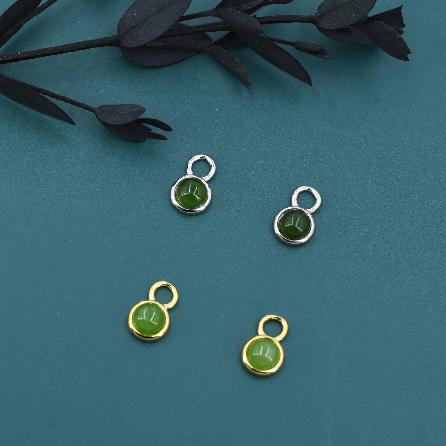 Natural Jasper Jade Charms for Huggie Hoops, Sterling Silver Round Circle Jade Charms for Earrings, Detachable, Silver or Gold
