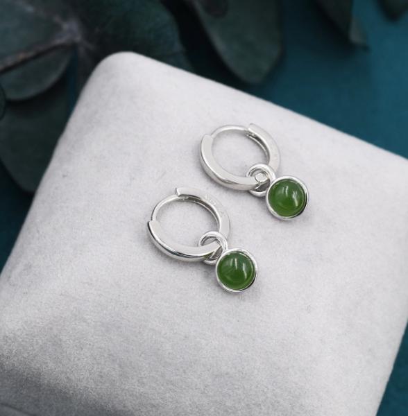 Natural Jasper Jade Charms for Huggie Hoops, Sterling Silver Round Circle Jade Charms for Earrings, Detachable, Silver or Gold