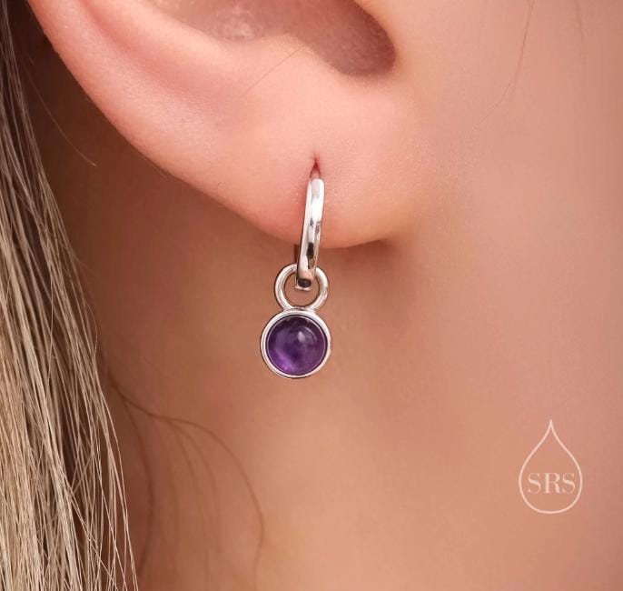 Natural & Synthetic Stone Charms for Huggie Hoops, Sterling Silver Round Detachable Charms, Various Gemstone Options