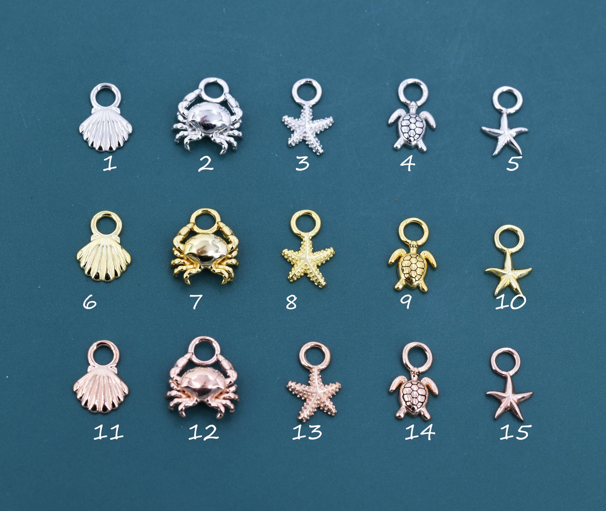 Ocean Theme Charms for Huggie Hoops, Sold as a pair, Sterling Silver Charms for Earrings, Detachable, Silver or Gold or Rose Gold