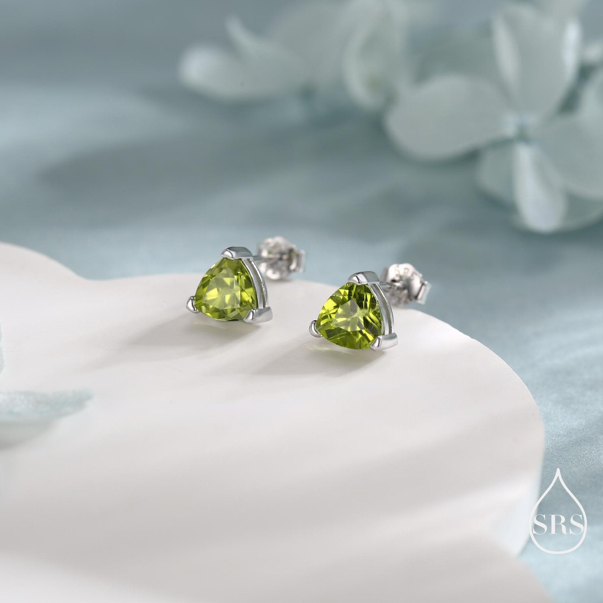 Genuine Peridot Trillion Cut Stud Earrings in Sterling Silver, 6mm Trillion Cut, Large Peridot Stud Earrings, Natural and Untreated
