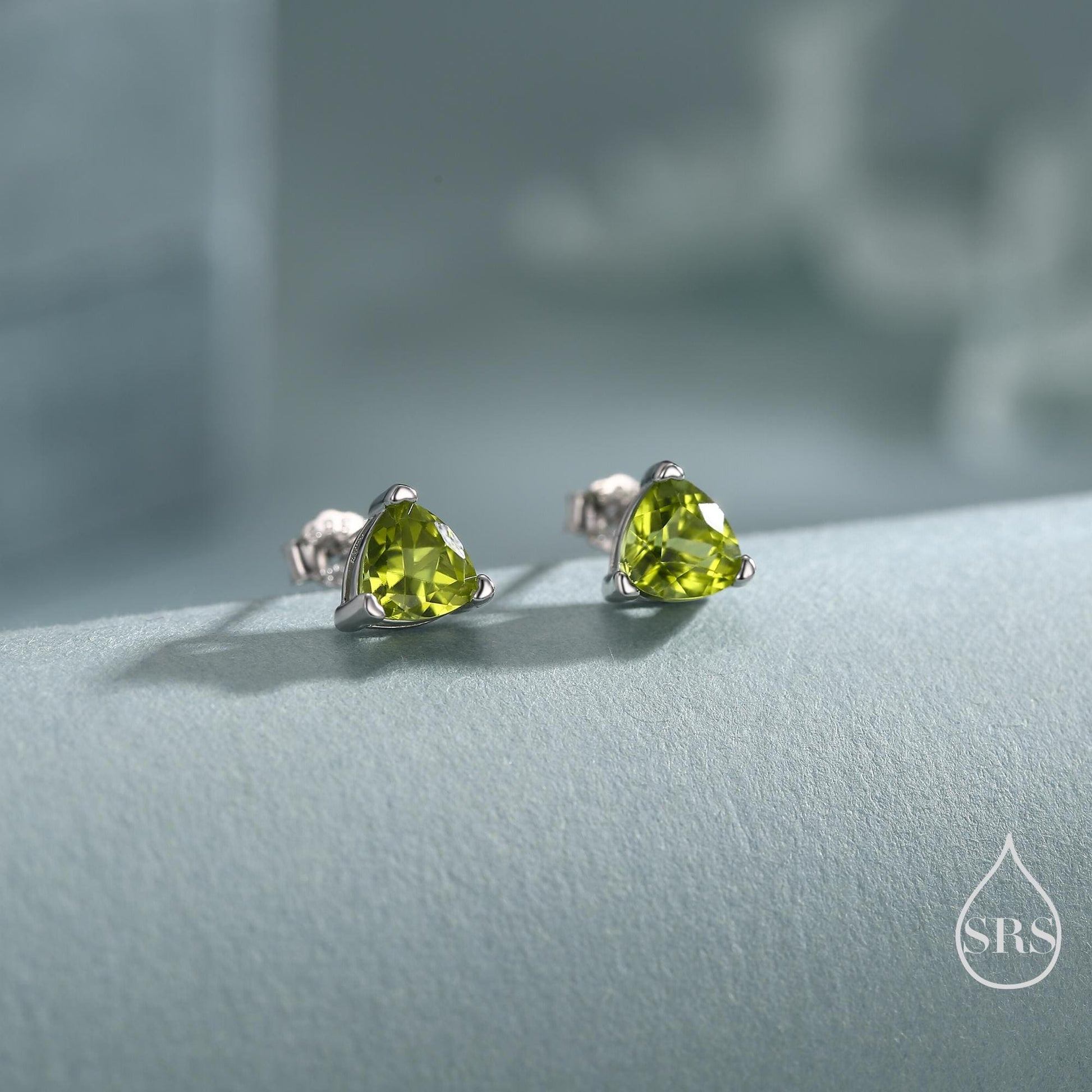 Genuine Peridot Trillion Cut Stud Earrings in Sterling Silver, 6mm Trillion Cut, Large Peridot Stud Earrings, Natural and Untreated