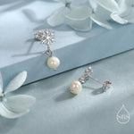 Snowflake and Natural Pearl Stud Earrings in Sterling Silver, Snow with Irregular Shape Pearls Earrings, Snowflake Earrings