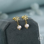 Snowflake and Natural Pearl Stud Earrings in Sterling Silver, Snow with Irregular Shape Pearls Earrings, Snowflake Earrings