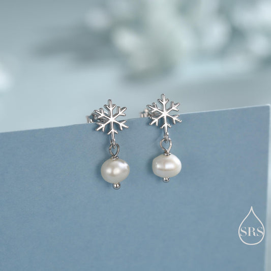 Snowflake and Natural Pearl Stud Earrings in Sterling Silver, Snow with Irregular Shape Pearls Earrings, Snowflake Earrings