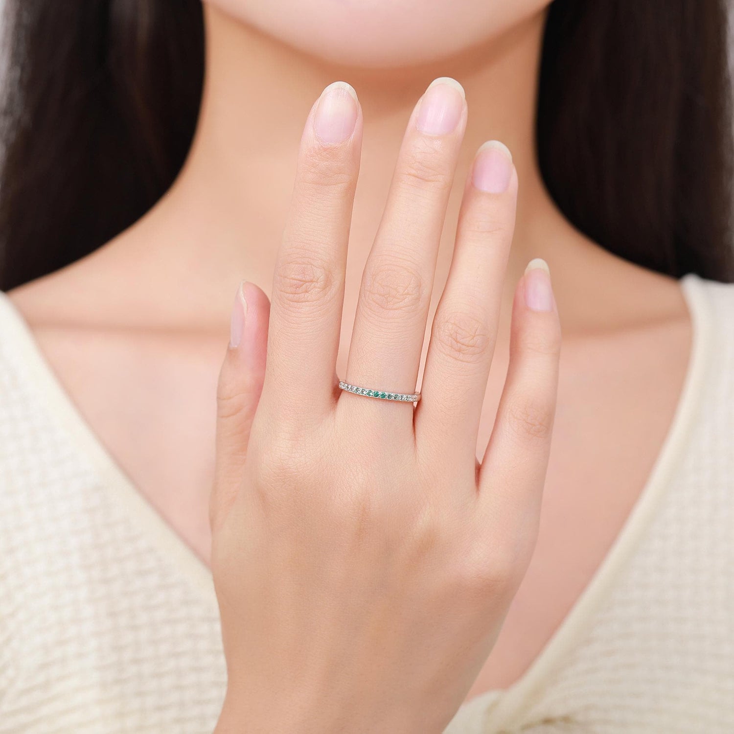 Emerald Green Ombre Half Eternity Ring in Sterling Silver, Silver or Gold, Green CZ Skinny Ring, Minimalist Stacking Ring US 5 - 8