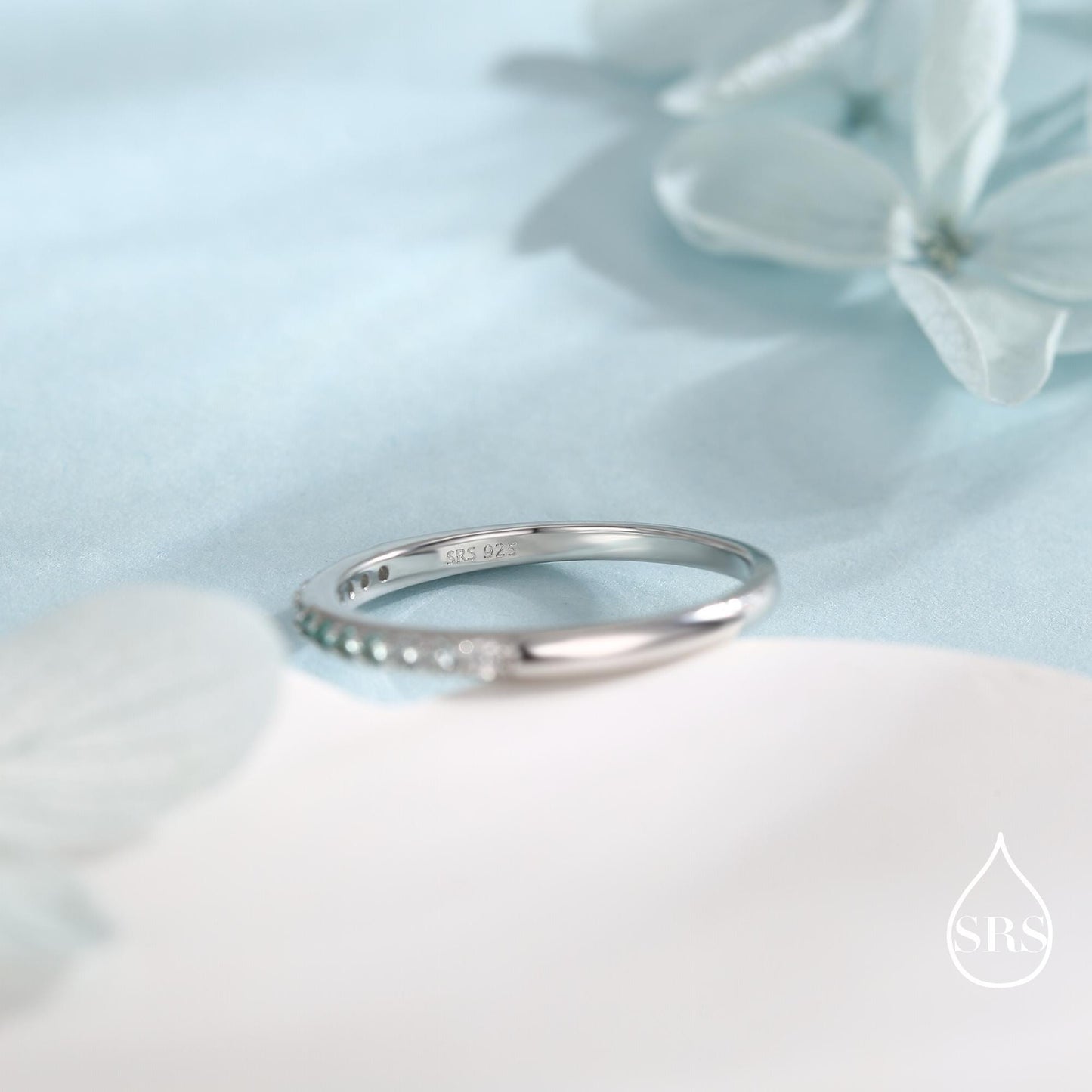 Emerald Green Ombre Half Eternity Ring in Sterling Silver, Silver or Gold, Green CZ Skinny Ring, Minimalist Stacking Ring US 5 - 8