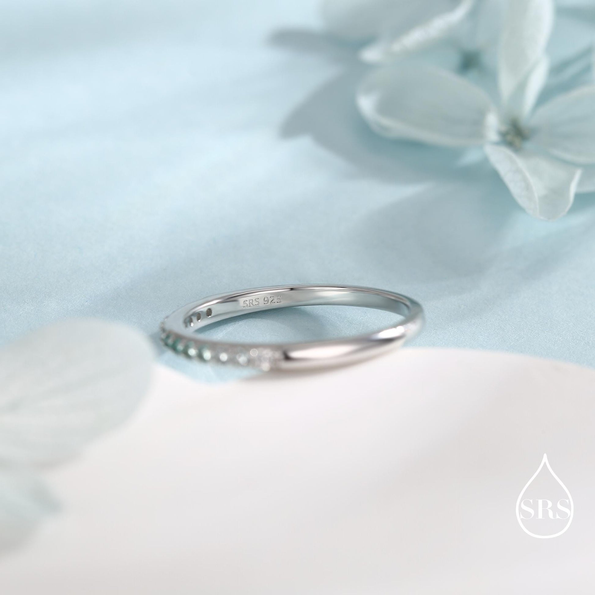 Emerald Green Ombre Half Eternity Ring in Sterling Silver, Silver or Gold, Green CZ Skinny Ring, Minimalist Stacking Ring US 5 - 8