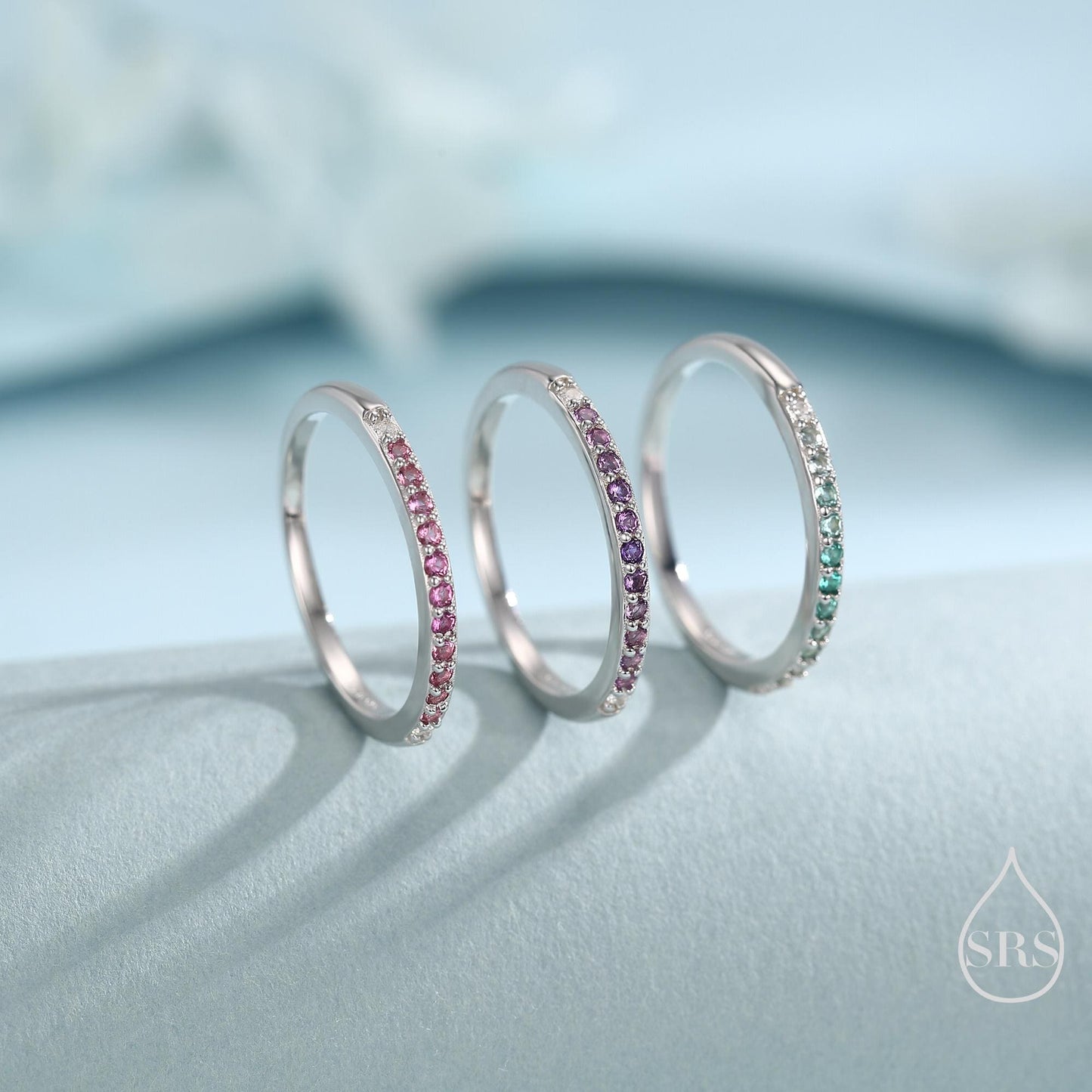 Emerald Green Ombre Half Eternity Ring in Sterling Silver, Silver or Gold, Green CZ Skinny Ring, Minimalist Stacking Ring US 5 - 8