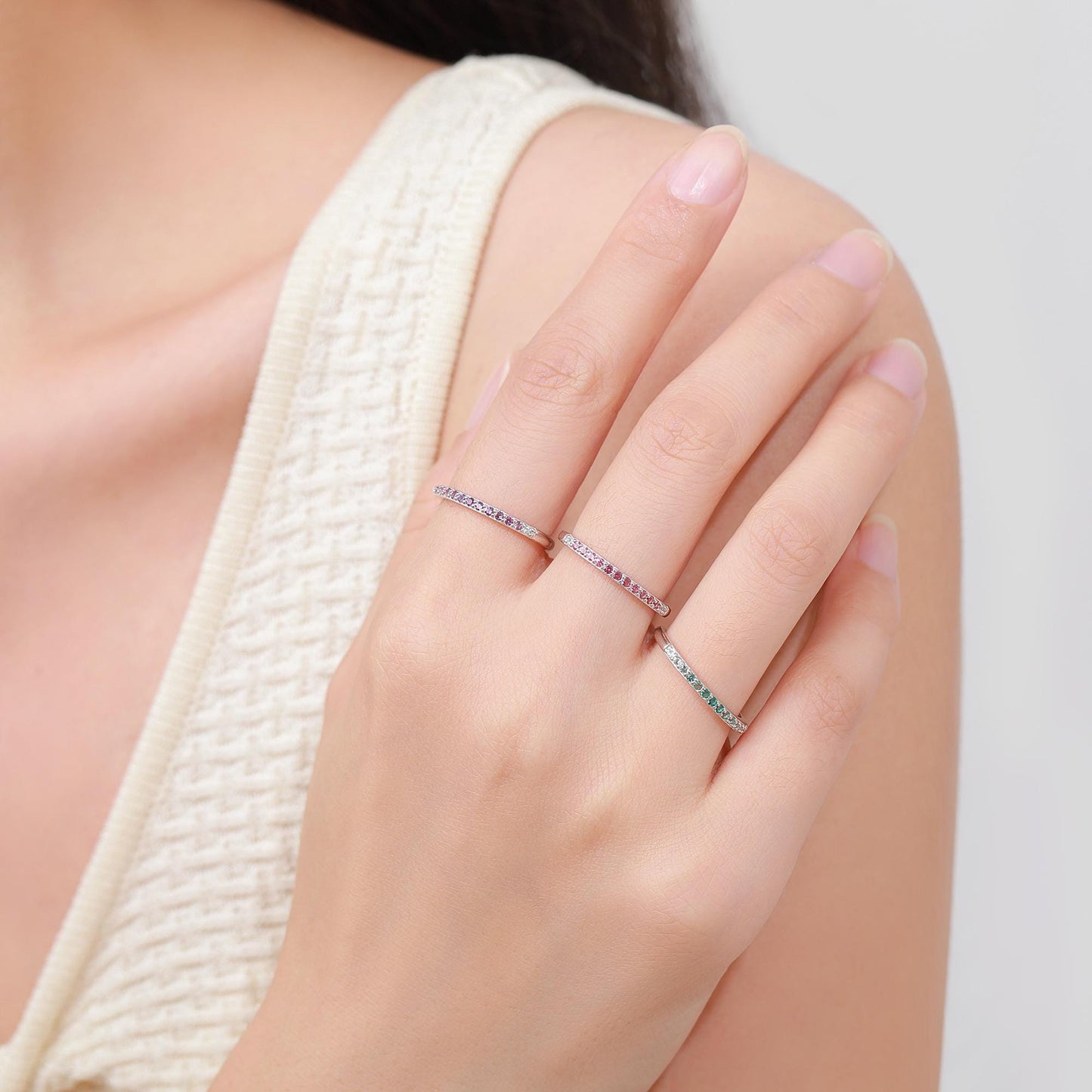 Ruby Red Ombre Half Eternity Ring in Sterling Silver, Silver or Gold, Red CZ Skinny Ring, Minimalist Stacking Ring US 5 - 8