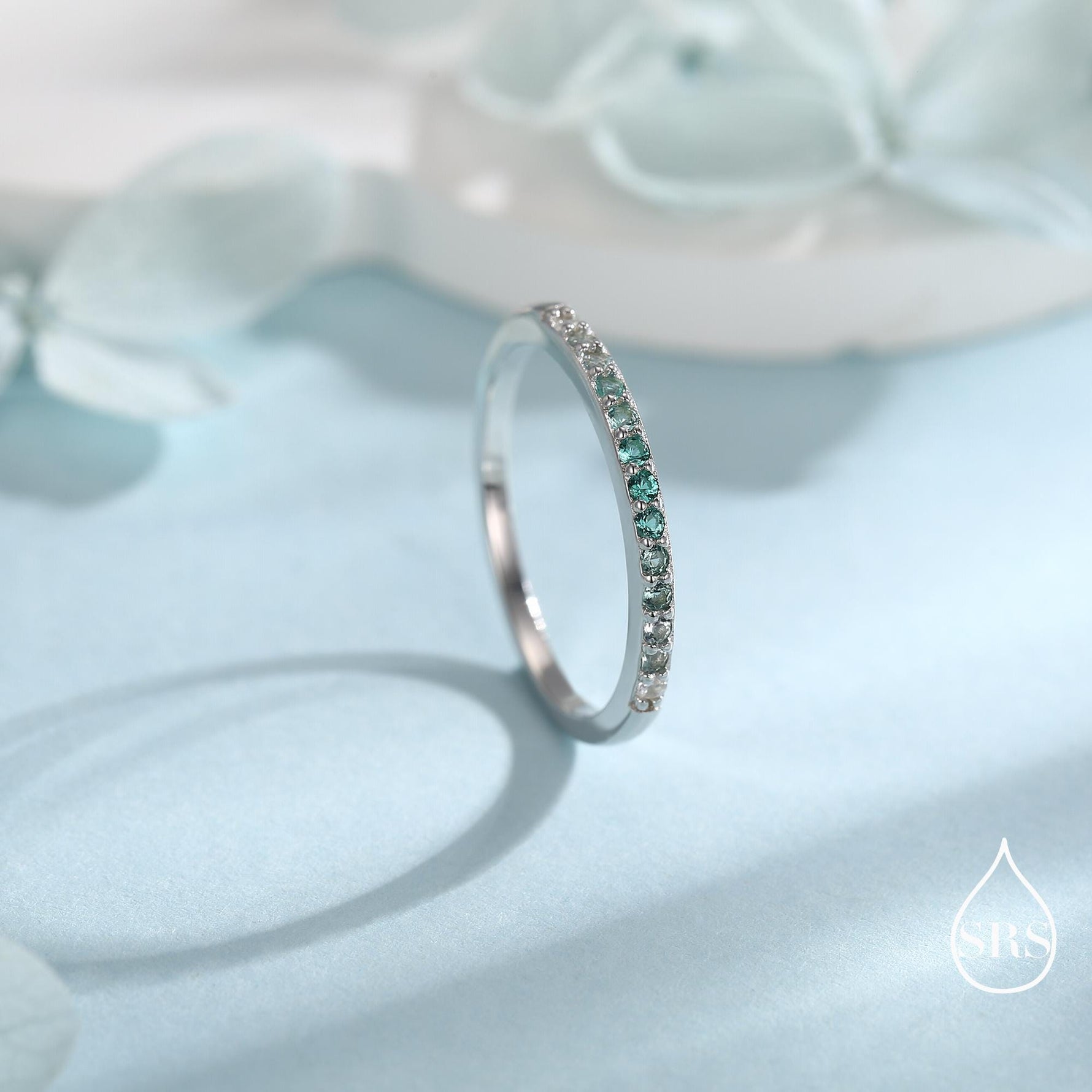 Ombre Half Eternity Ring in Sterling Silver, Silver or Gold, Gradient Colour CZ Skinny Ring, Minimalist Stacking Ring US 5 - 8