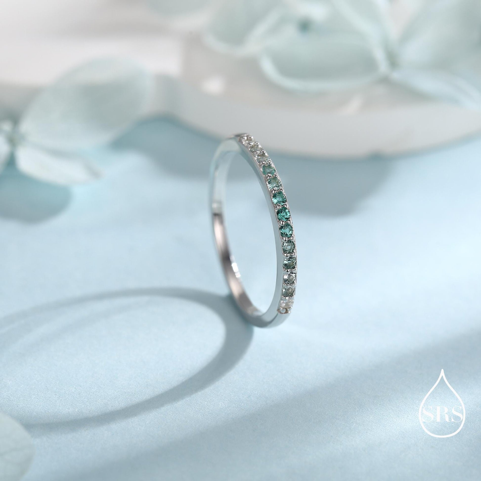 Ombre Half Eternity Ring in Sterling Silver, Silver or Gold, Gradient Colour CZ Skinny Ring, Minimalist Stacking Ring US 5 - 8