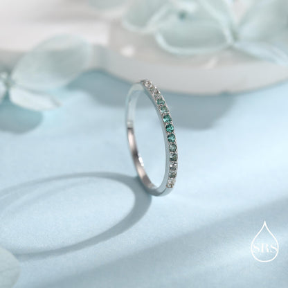 Ombre Half Eternity Ring in Sterling Silver, Silver or Gold, Gradient Colour CZ Skinny Ring, Minimalist Stacking Ring US 5 - 8