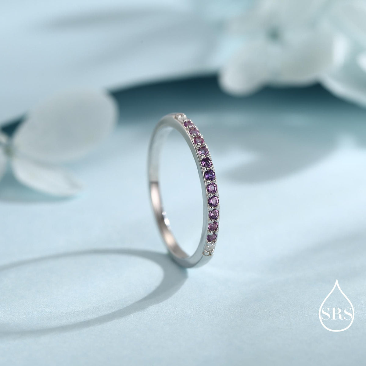 Ombre Half Eternity Ring in Sterling Silver, Silver or Gold, Gradient Colour CZ Skinny Ring, Minimalist Stacking Ring US 5 - 8