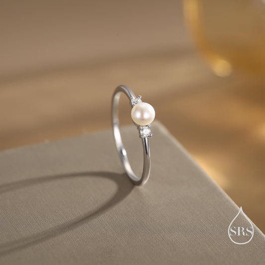 Genuine Freshwater Pearl and CZ Ring in Sterling Silver, Natural Pearl Ring, Real Pearl Ring in US 5 - 8